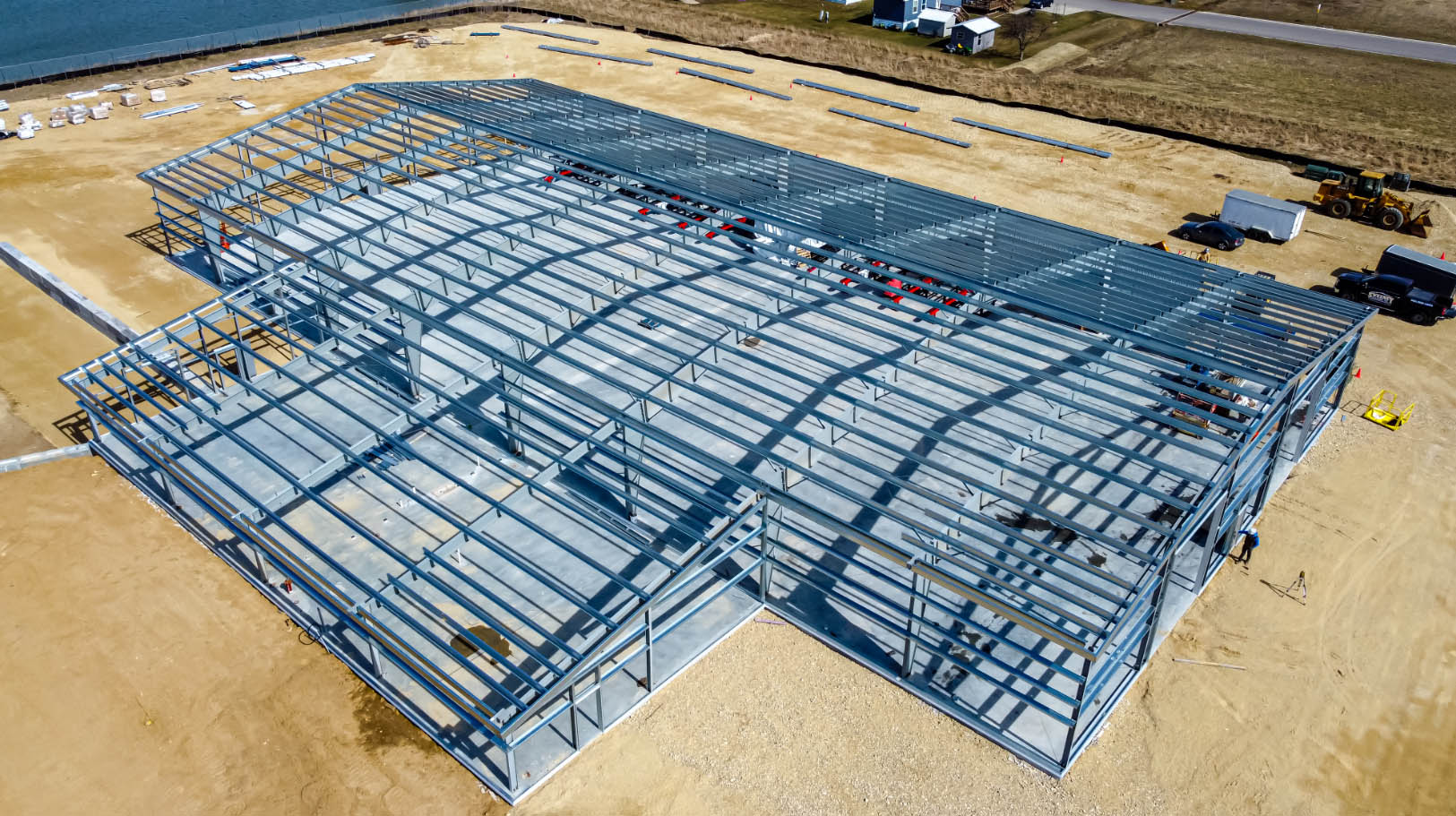 Steel column and beam frame for a solar canopy, ready for PV panel installation